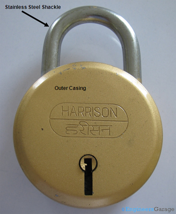 Image Indicating Outer Parts of Lock---Stainless Steel Shackle and Outer Metal Casing Image Indicating Outer Parts of Lock---Stainless Steel Shackle and Outer Metal Casing